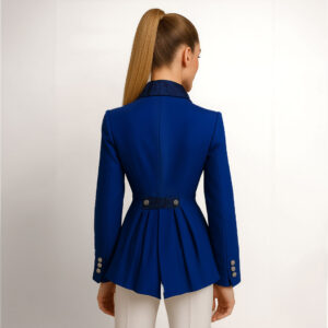 Korte koningsblauwe rijjas met waaierrok en hoge taille