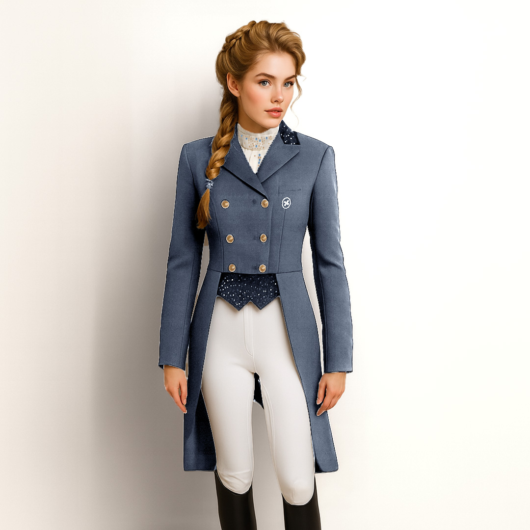 Luxe Lange Denim Dressuurjas met Kristallen