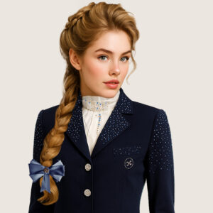 Nachtblauwe exclusieve zijde plastron met kristallen – Couture Hippique