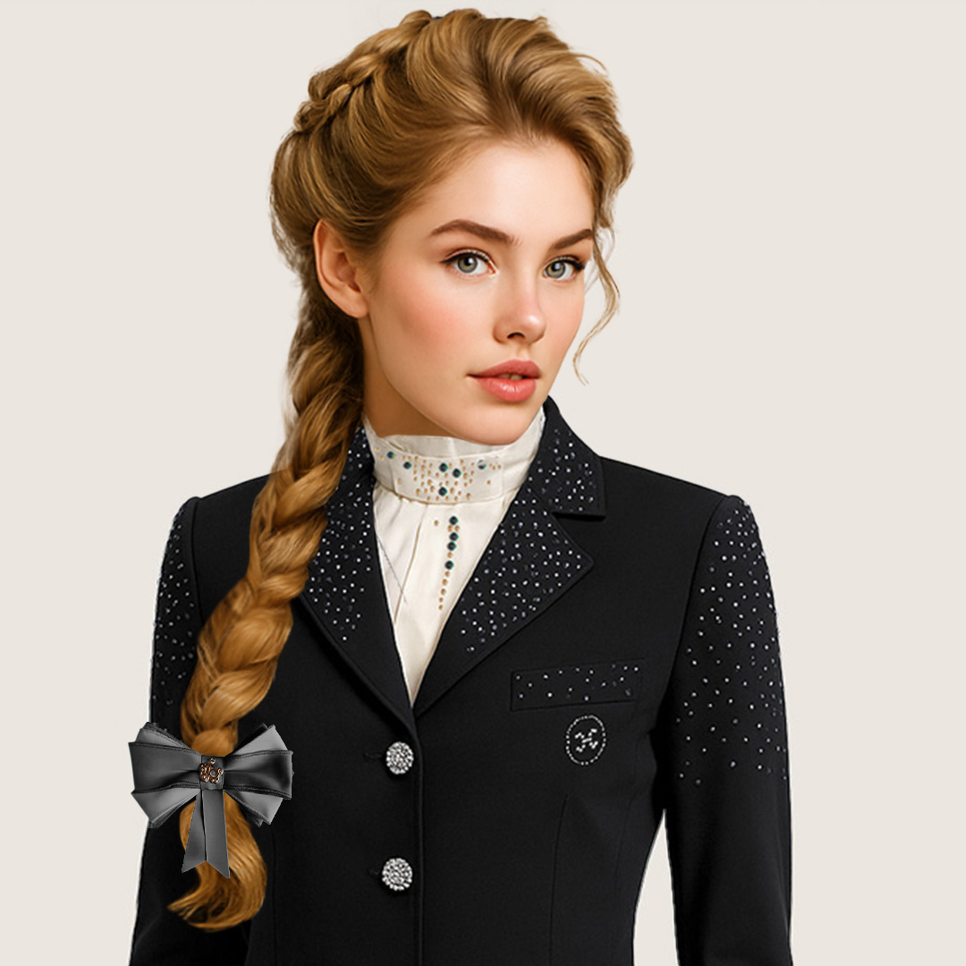 Detail van kristallen op exclusieve zijde plastron – Couture Hippique”