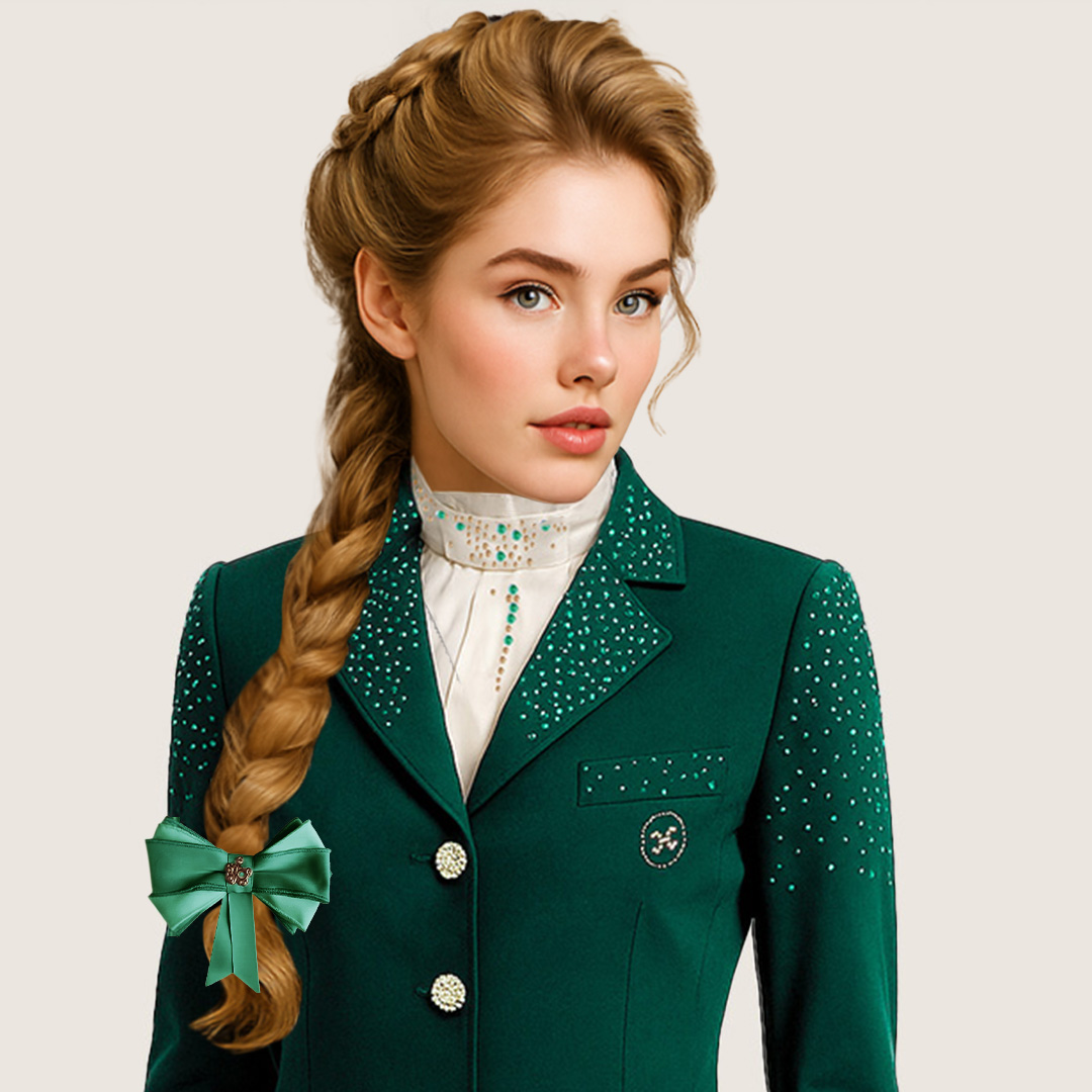 Witte zijde plastron met mosgroene kristallen – Couture Hippique”