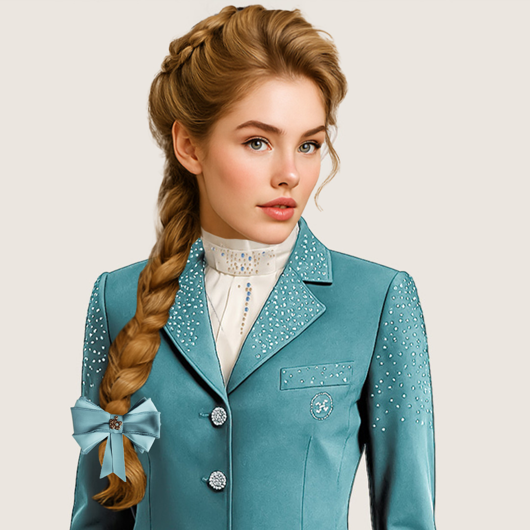 Witte zijde plastron met Ibiza blauwe kristallen – Couture Hippique”