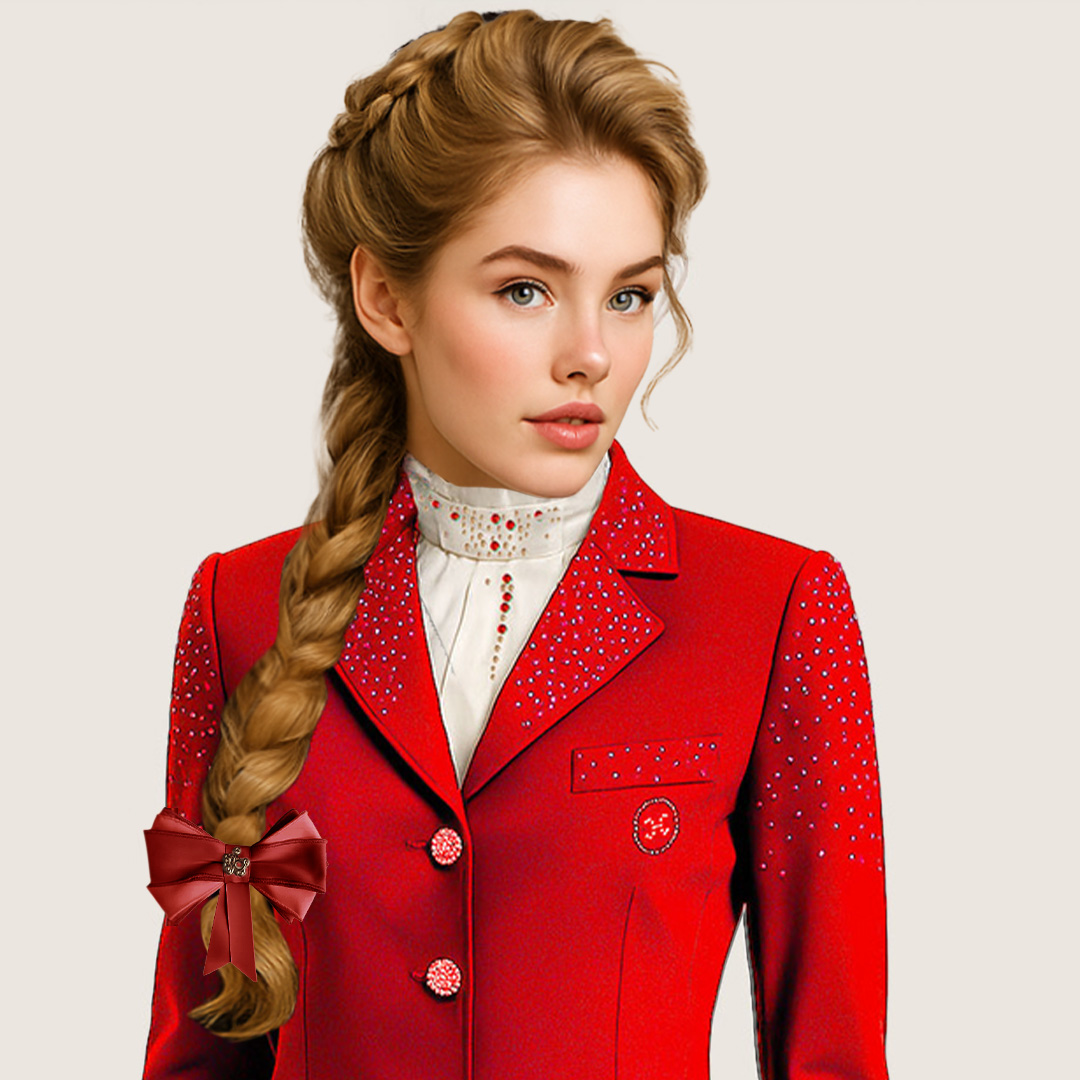 Witte zijde plastron met robijnrode kristallen – Couture Hippique”